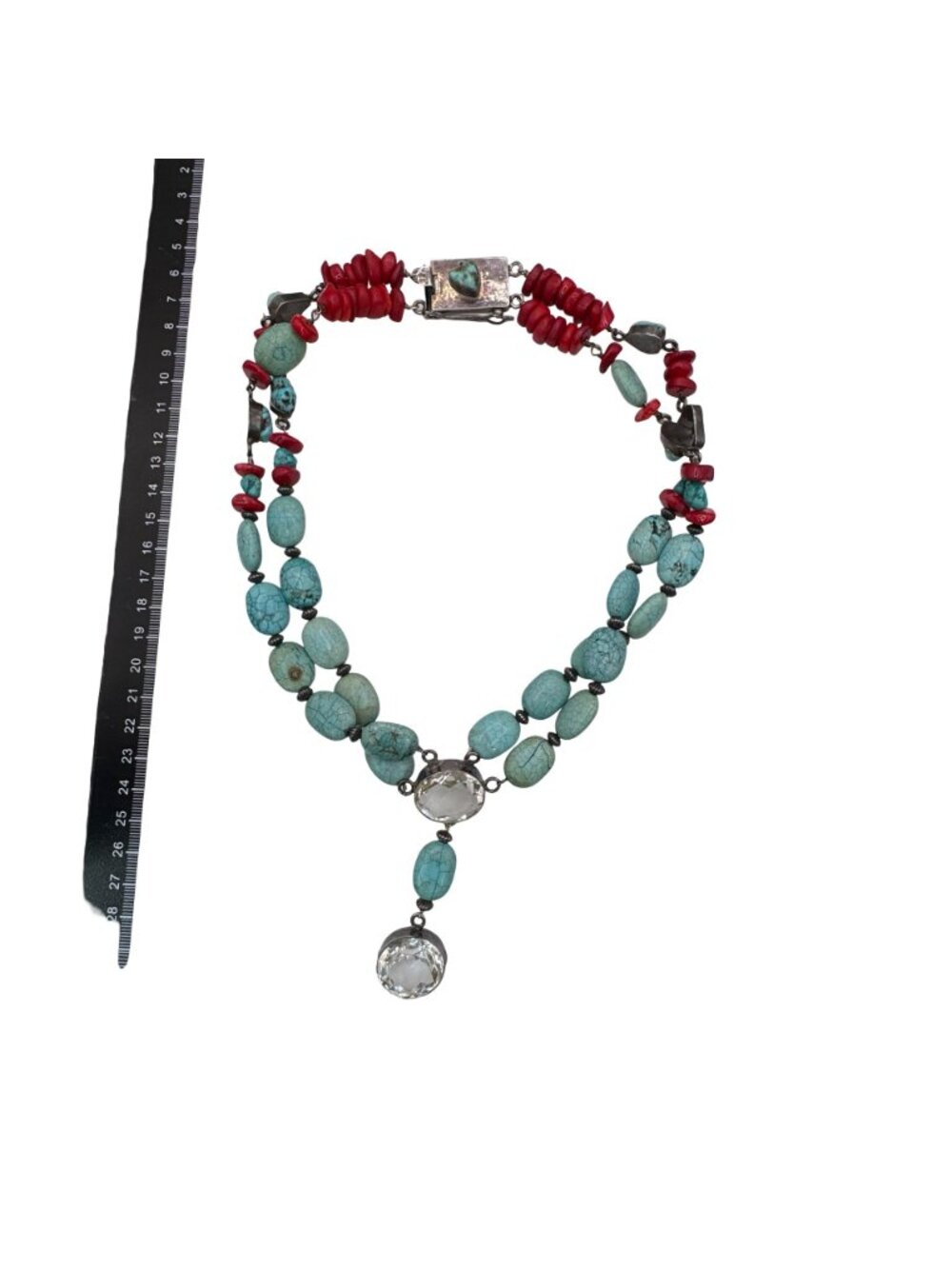 Artisan Turquoise & Red Coral Sterling Silver Necklace Clear Quartz18" 925 READ - Picture 8 of 9